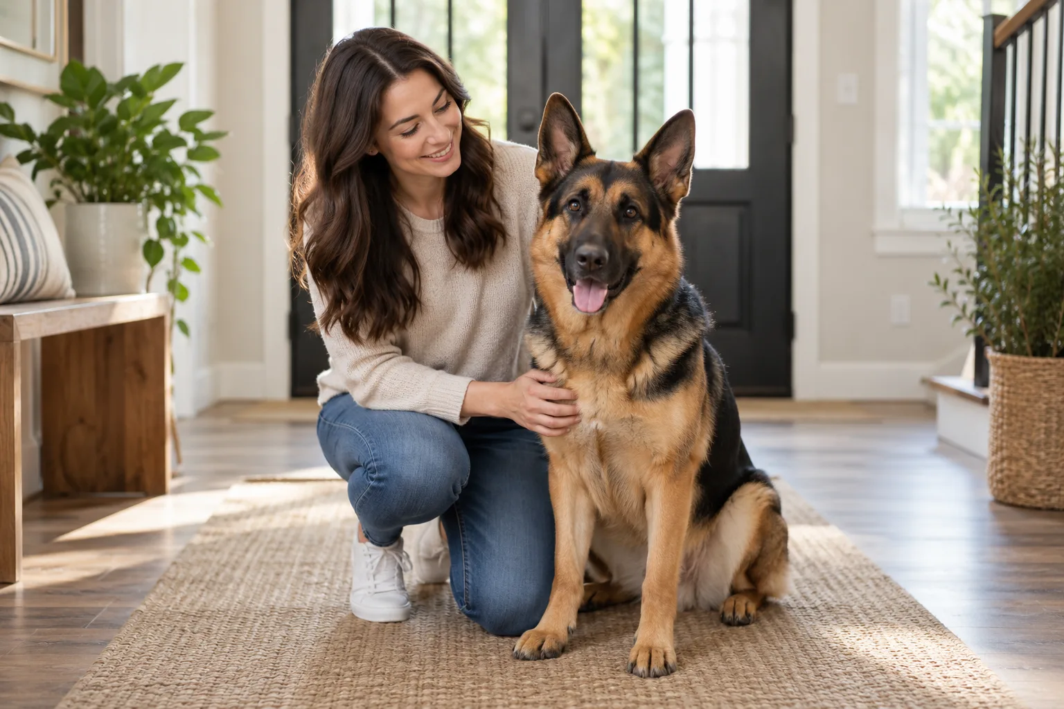 Owner sitting beside a German shepherd-type dog at home