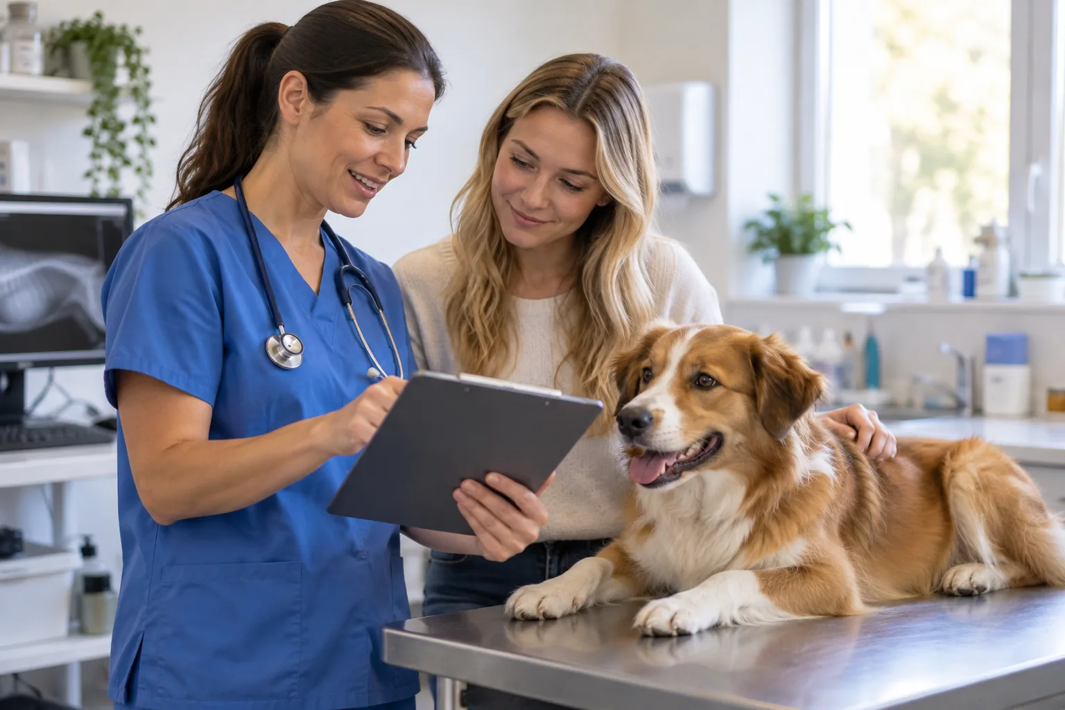 Veterinary professional discussing information on a tablet with a dog owner